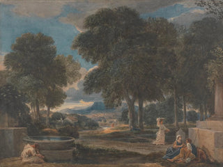 Landscape painting with a man washing his feet at a fountain after Poussin - David Cox — artwork view