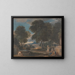 Landscape painting with a man washing his feet at a fountain after Poussin - David Cox — framed artwork on a wall