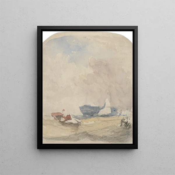 Study of the Sea with a Sailboat and a Rowboat Hulk - David Cox — framed artwork on a wall