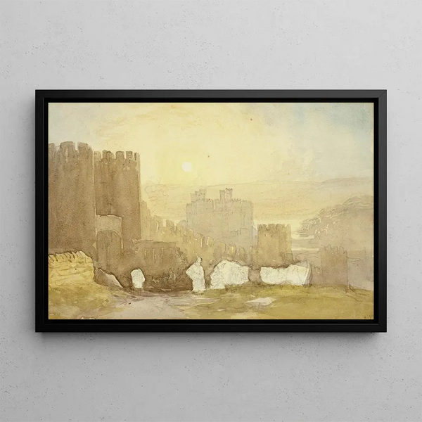 Sunrise over Conway Castle - David Cox — framed artwork on a wall