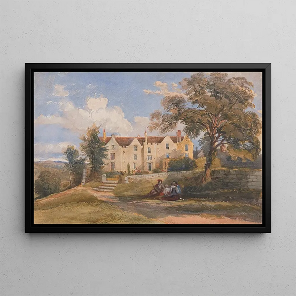 Group sitting in the park of a large house - David Cox Jr — framed artwork on a wall
