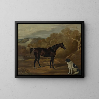 a black horse and a spaniel sitting in Harewood House park - David Dalby de York — framed artwork on a wall