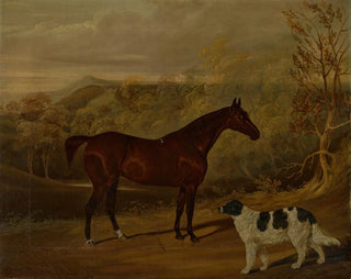 a black horse and a spaniel standing in Harewood Park - David Dalby de York — artwork view
