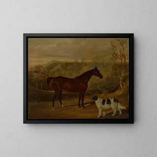 a black horse and a spaniel standing in Harewood Park - David Dalby de York — framed artwork on a wall