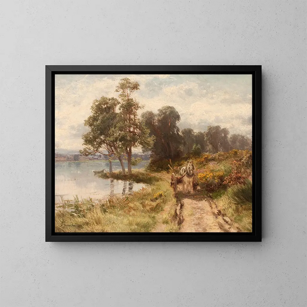 Wooden cart near a loch - David Farquharson — framed artwork on a wall