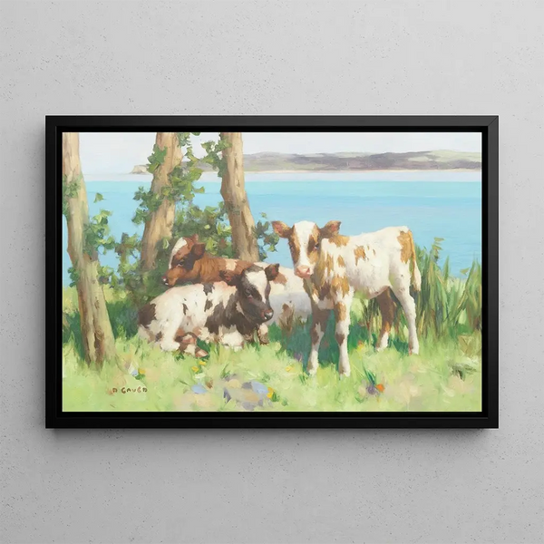 Three calves - David Gauld — framed artwork on a wall