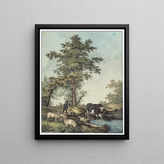 Three seated figures and two standing figures in a room - David Humbert de Superville — framed artwork on a wall
