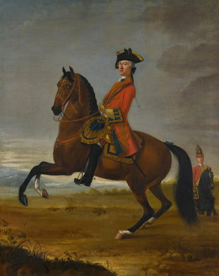 Horse Portrait Painting of an Officer of the 1st Troop of Dragoons on a Bay Steed with a Cavalier on the Right - David Morier — artwork view
