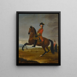 Horse Portrait Painting of an Officer of the 1st Troop of Dragoons on a Bay Steed with a Cavalier on the Right - David Morier — framed artwork on a wall