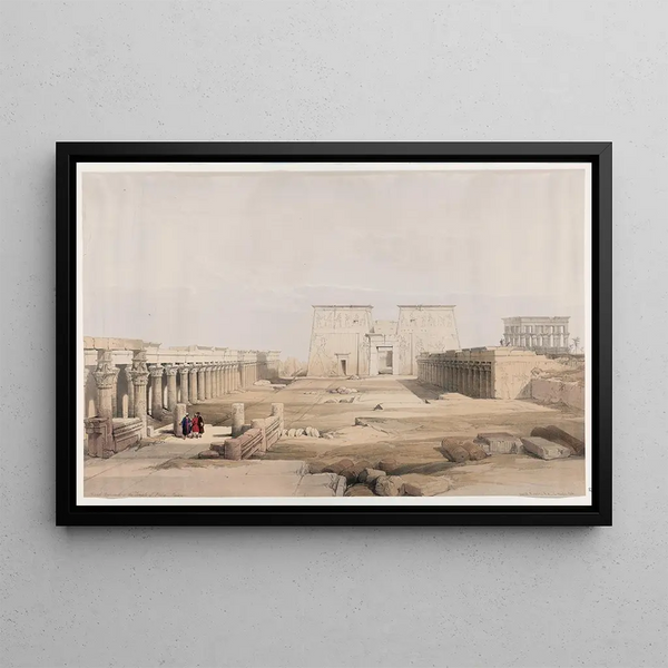 Large Approach Painting of the Temple of Philae, Nubia - David Roberts — framed artwork on a wall