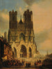 The façade of Reims Cathedral with a medieval procession and a parade in the foreground - David Roberts — artwork view
