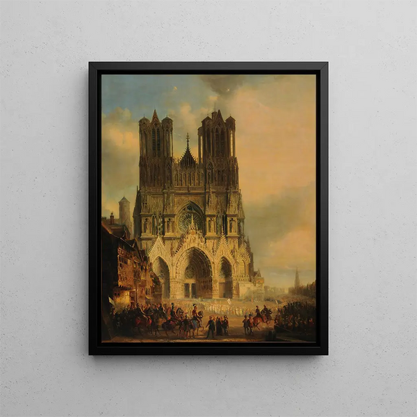 The façade of Reims Cathedral with a medieval procession and a parade in the foreground - David Roberts — framed artwork on a wall