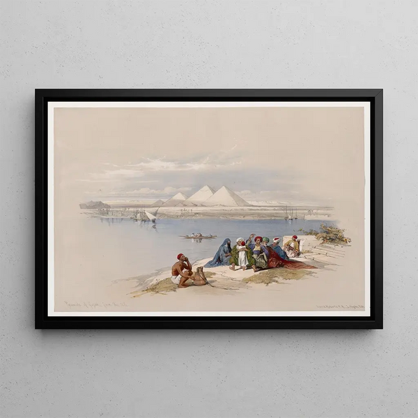 Pyramids of Giza from the Nile - David Roberts — framed artwork on a wall
