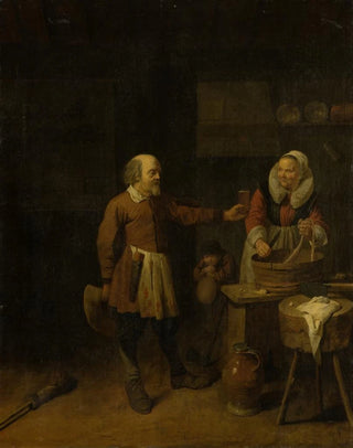 A butcher offering a glass of beer to a woman - David Ryckaert III — artwork view