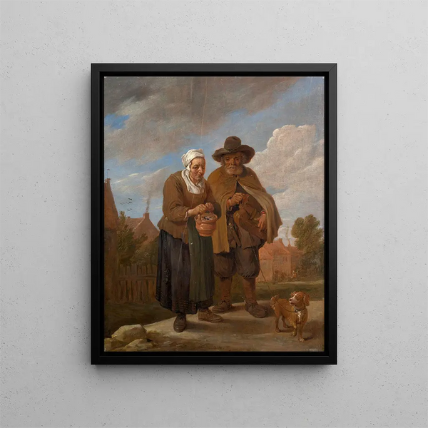 Old lady holding a brazier and a hurdy-gurdy player - David Teniers — framed artwork on a wall