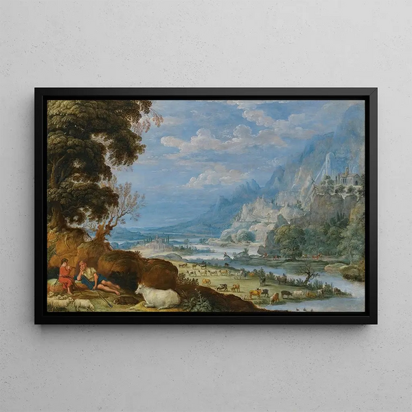 an Extended River Landscape with Mercury and Argus - David Teniers the Elder — framed artwork on a wall
