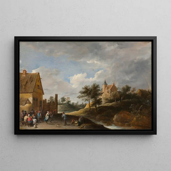 Landscape with peasants dancing - David Teniers the Elder — framed artwork on a wall