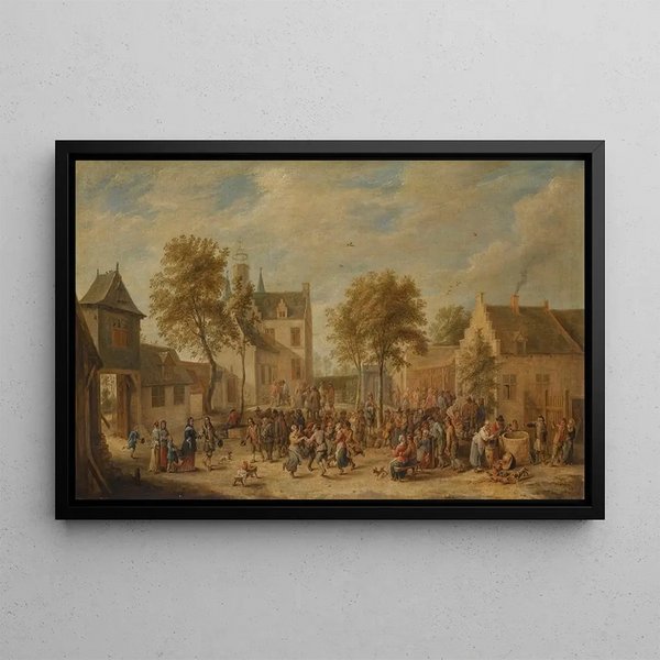 a Village Fair with Villagers Having Fun in a Town Square - David Teniers the Younger — framed artwork on a wall
