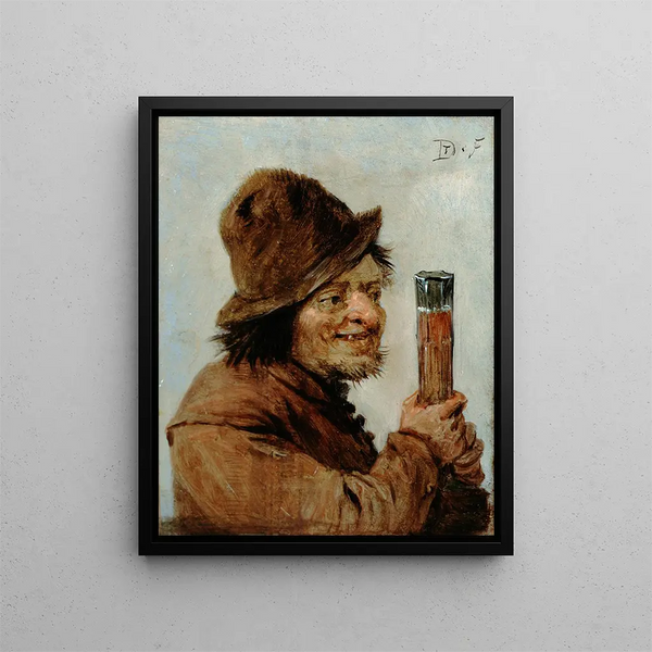 a peasant holding a glass - David Teniers the Younger — framed artwork on a wall