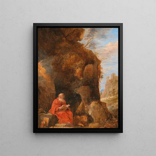 a landscape with Saint Jerome outside a cave - David Teniers the Younger — framed artwork on a wall