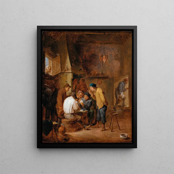 a tavern interior with roughnecks playing cards - David Teniers the Younger — framed artwork on a wall