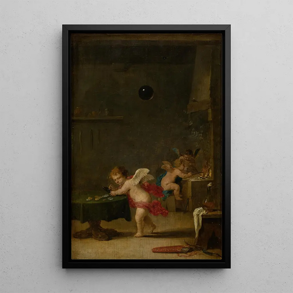 Love in an Alchemist's Workshop - David Teniers the Younger — framed artwork on a wall