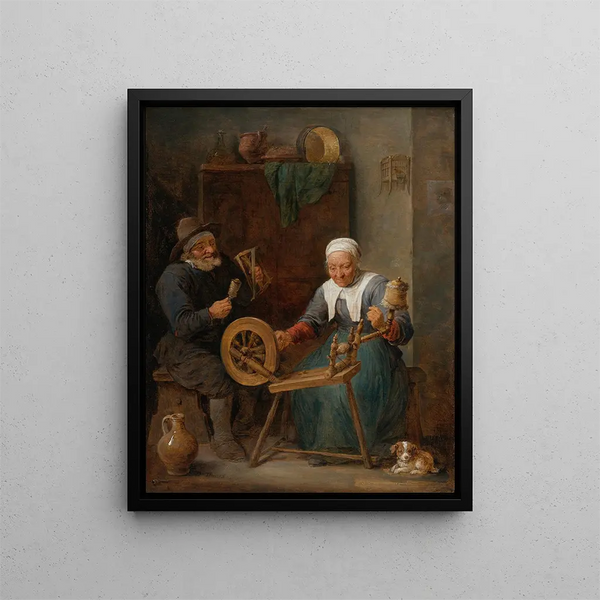 A couple of elderly people spinning wool indoors - David Teniers the Younger — framed artwork on a wall