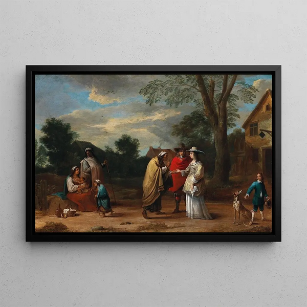 an elegant couple meeting a fortune-teller - David Teniers the Younger — framed artwork on a wall