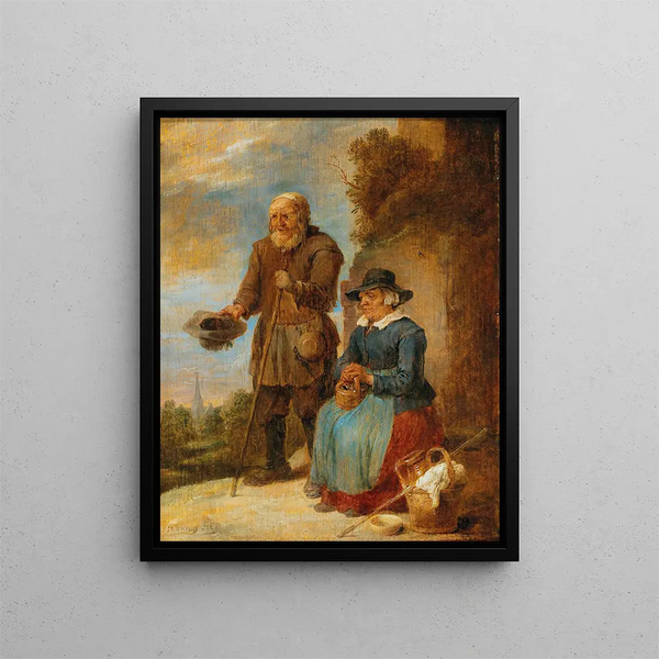 an old begging couple in the street - David Teniers the Younger — framed artwork on a wall