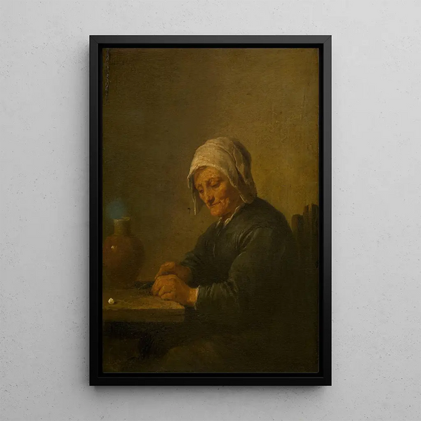 Reproduction of the painting of an old woman cutting tobacco - David Teniers the Younger