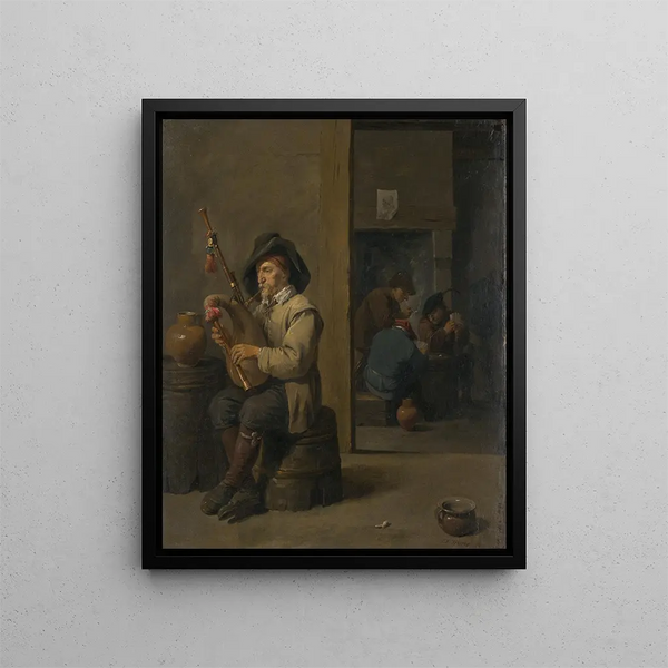 Player of Bagpipes in an Inn - David Teniers the Younger — framed artwork on a wall