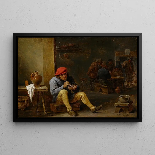 Farmhouse Painting in a Tavern Lighting His Pipe - David Teniers the Younger — framed artwork on a wall