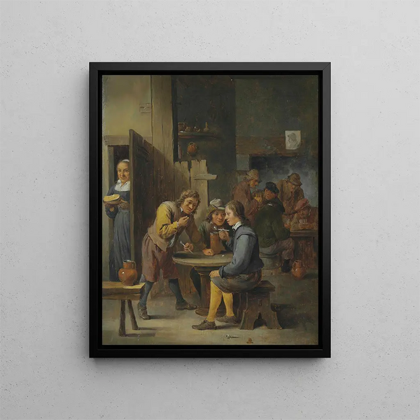 Characters in the Interior of a Tavern - David Teniers the Younger — framed artwork on a wall