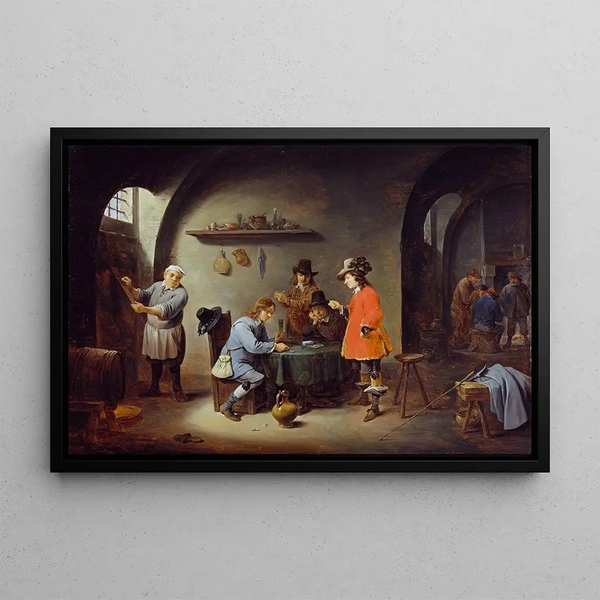Scene of a game in an inn - David Teniers the Younger — framed artwork on a wall