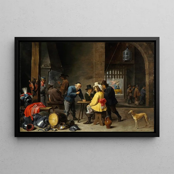 Guard Room with the Delivery of Saint Peter - David Teniers the Younger — framed artwork on a wall