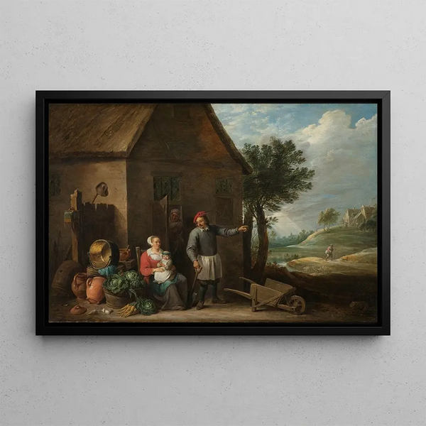 Peasant Painting at the door of a cottage with a seated woman and a child - David Teniers the Younger — framed artwork on a wall