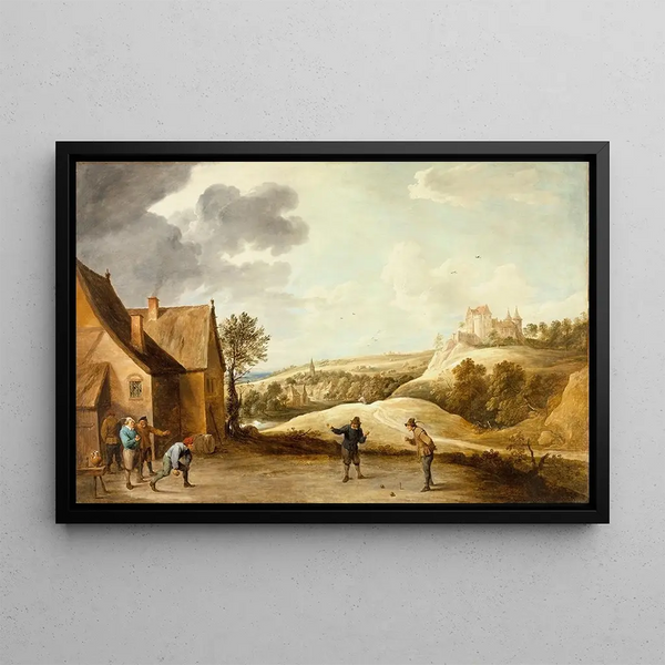 Landscape painting with peasants playing boules in front of an inn - David Teniers the Younger — framed artwork on a wall