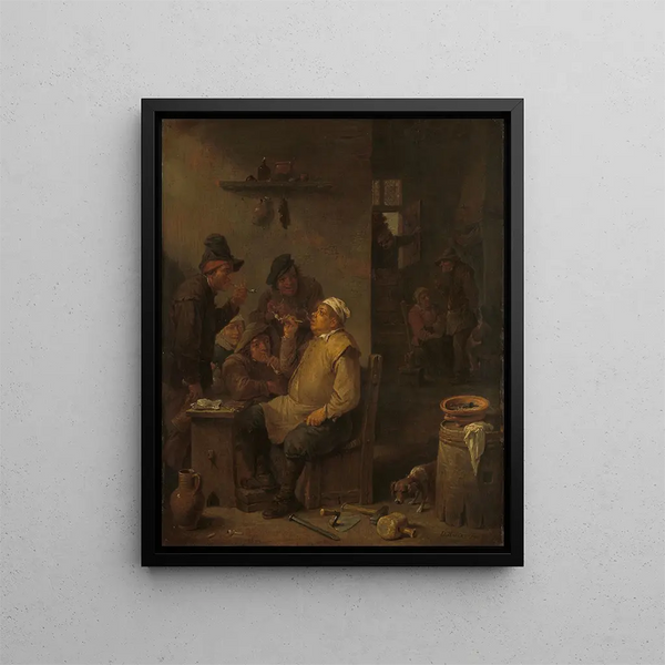 Mason smoking with his companions in a tavern - David Teniers the Younger — framed artwork on a wall
