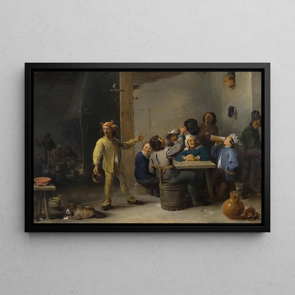Peasants celebrating the Feast of the Kings - David Teniers the Younger — framed artwork on a wall