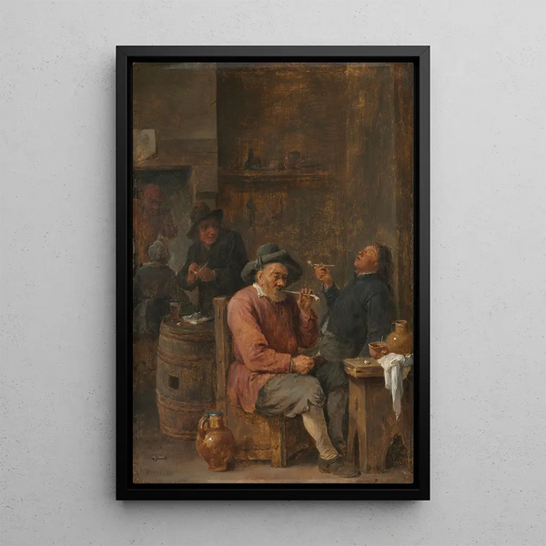 Peasants smoking in an inn - David Teniers the Younger — framed artwork on a wall