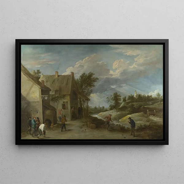 Peasants Playing Boules in Front of a Village Inn - David Teniers the Younger — framed artwork on a wall