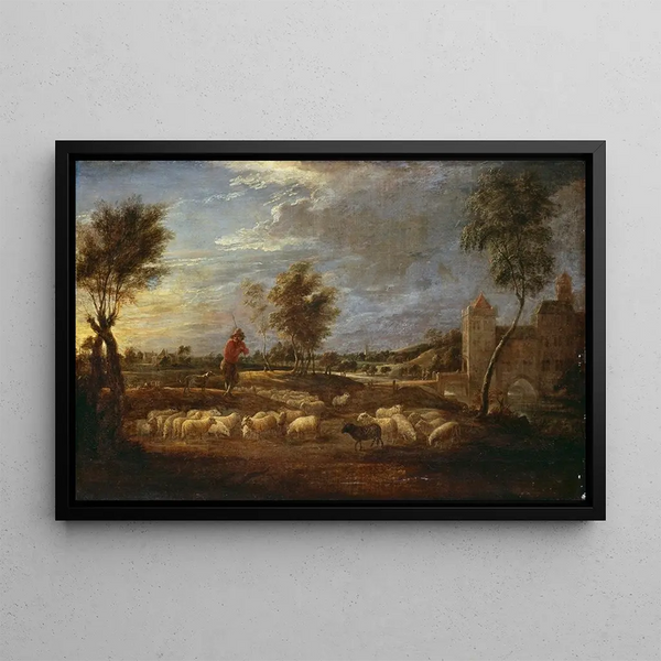 Sunset landscape with a shepherd and his flock - David Teniers the Younger — framed artwork on a wall