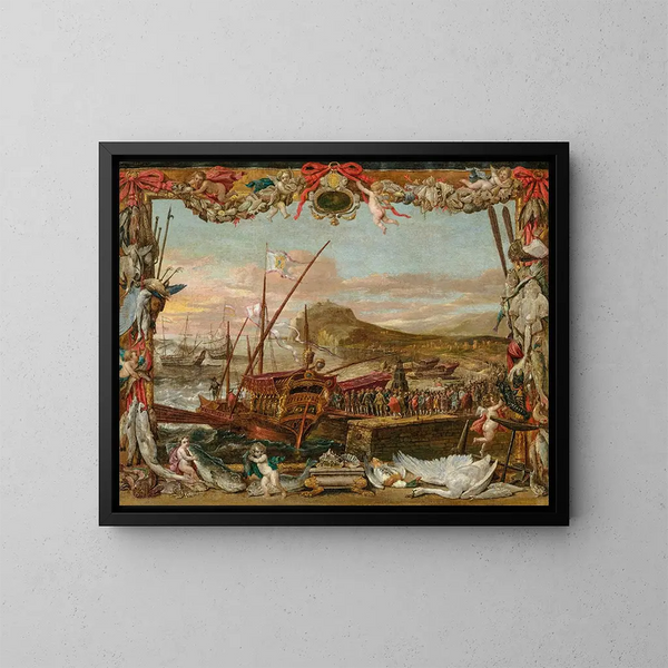 L'Embarquement de Don Juan d'Autriche - David Teniers le Jeune — framed artwork on a wall