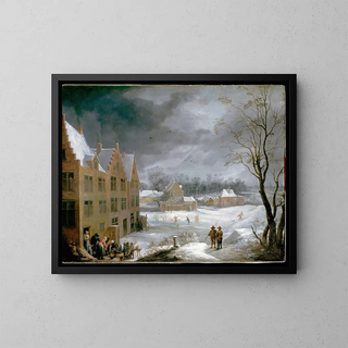Winter scene with a man killing a pig - David Teniers the Younger — framed artwork on a wall