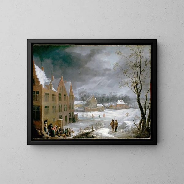 Winter scene with a man killing a pig - David Teniers the Younger — framed artwork on a wall