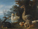 a rooster, hens, doves, and a parrot in a formal garden - David de Coninck — artwork view