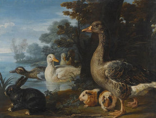 a rooster, hens, doves, and a parrot in a formal garden - David de Coninck — artwork view