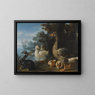 a rooster, hens, doves, and a parrot in a formal garden - David de Coninck — framed artwork on a wall