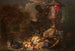 Fruit Still Life Painting on a Silver Plate with Figure, Rabbits, Parrot, and Monkey under a Broken Canopy and an Ornamental Urn - David de Coninck — artwork view