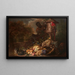 Fruit Still Life Painting on a Silver Plate with Figure, Rabbits, Parrot, and Monkey under a Broken Canopy and an Ornamental Urn - David de Coninck — framed artwork on a wall